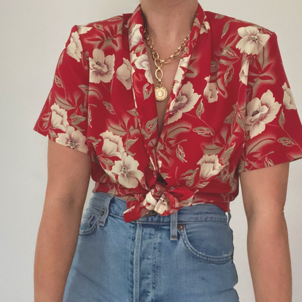 Vintage Red Floral Short Sleeve Blouse - Picture 2 of 7
